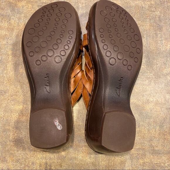 Clarks Artisan Woven Strappy Brown Leather Open Toe Sandals Size 8 Chunky Heel - Picture 9 of 10